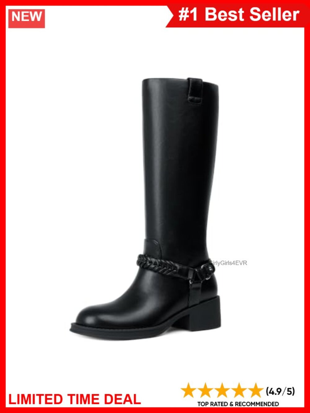 Knee High Boots Faux Leather Chunky Block Heel Braided Strap Riding Boots